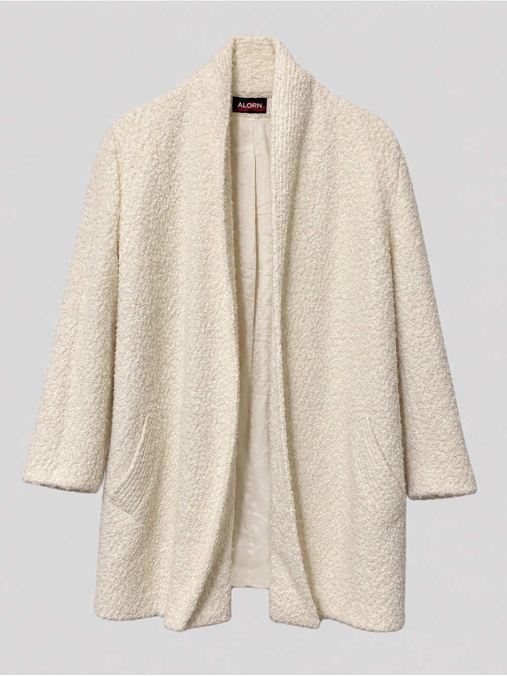 Vintage ALORNA Cream Boucle Shawl Collar Coat - Made in USA - L/XL - 24" PTP